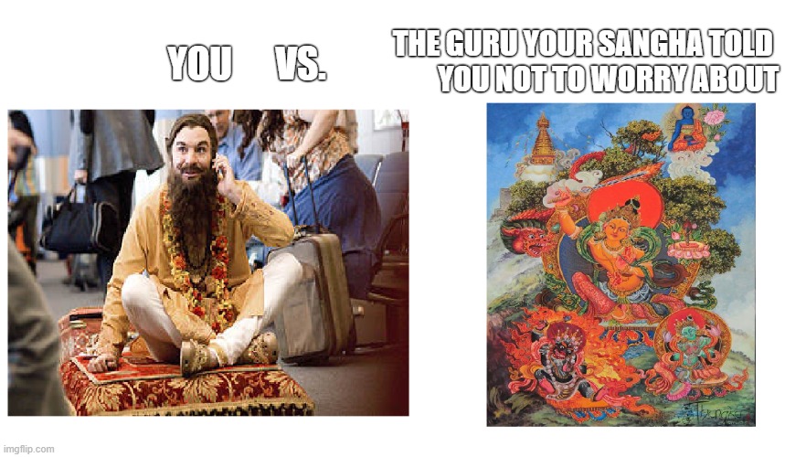 THE GURU YOUR SANGHA TOLD 
YOU NOT TO WORRY ABOUT; YOU      VS. | image tagged in Zen_Art | made w/ Imgflip meme maker