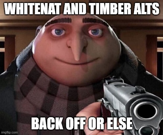 Stay off the stream, go someplace else | WHITENAT AND TIMBER ALTS; BACK OFF OR ELSE | image tagged in gru gun,alts | made w/ Imgflip meme maker