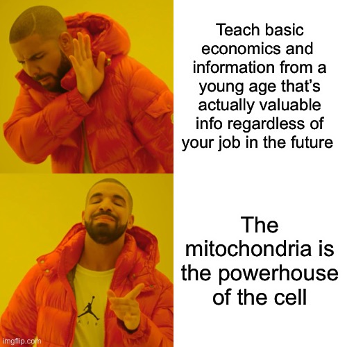 Schools be like: | Teach basic economics and  information from a young age that’s actually valuable info regardless of your job in the future; The mitochondria is the powerhouse of the cell | image tagged in memes,drake hotline bling | made w/ Imgflip meme maker