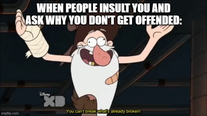 Hahaha, Self Deprication |  WHEN PEOPLE INSULT YOU AND ASK WHY YOU DON'T GET OFFENDED: | image tagged in can't break what's already broken,self deprication,gravity falls,fiddleford,broken,bullies | made w/ Imgflip meme maker