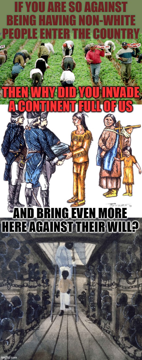 I can't help wondering | IF YOU ARE SO AGAINST BEING HAVING NON-WHITE PEOPLE ENTER THE COUNTRY; THEN WHY DID YOU INVADE A CONTINENT FULL OF US; AND BRING EVEN MORE HERE AGAINST THEIR WILL? | image tagged in slave ship,immigrants,native americans,racism,contradiction | made w/ Imgflip meme maker
