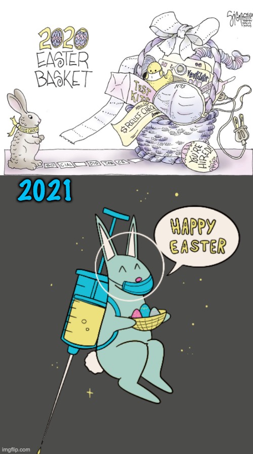 Borrowing from Signe Wilkinson and https://imgur.com/user/majortomagency | 2021 | image tagged in easter,happy easter,vaccine,holidays,2021 | made w/ Imgflip meme maker