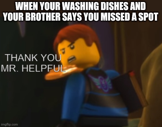 My siblings are annoying in this way | WHEN YOUR WASHING DISHES AND YOUR BROTHER SAYS YOU MISSED A SPOT | image tagged in thank you mr helpful,ninjago | made w/ Imgflip meme maker