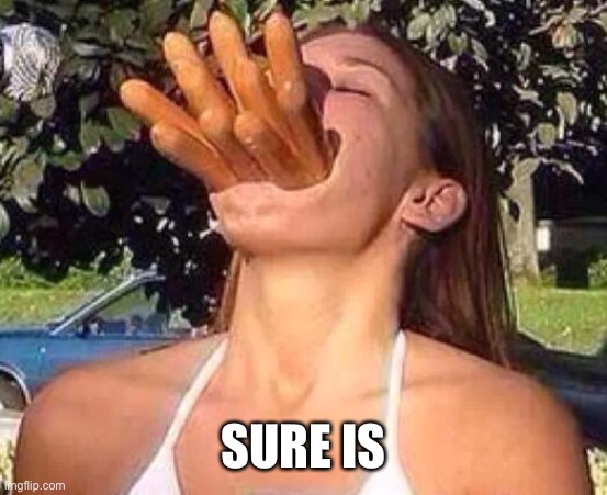 hot dog girl | SURE IS | image tagged in hot dog girl | made w/ Imgflip meme maker
