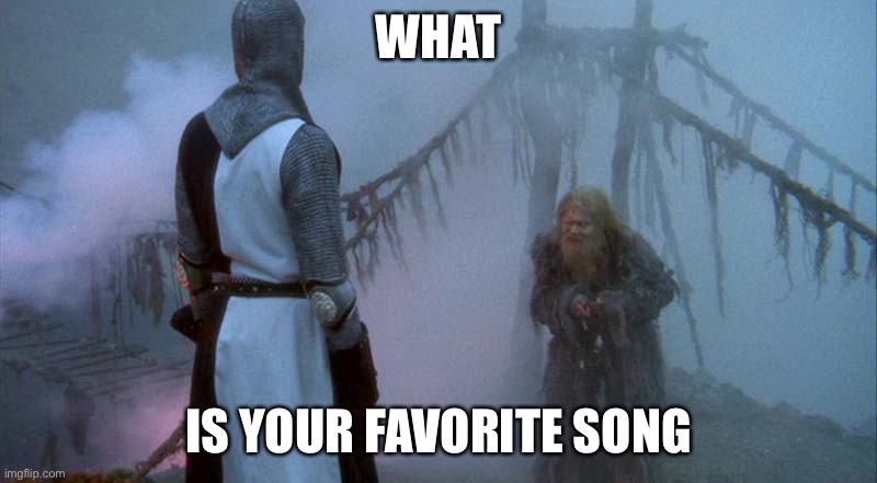 Monty Python and the Bridge of Death | WHAT IS YOUR FAVORITE SONG | image tagged in monty python and the bridge of death | made w/ Imgflip meme maker