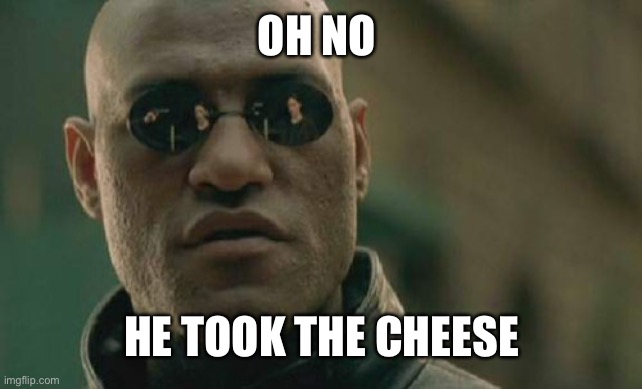Matrix Morpheus | OH NO; HE TOOK THE CHEESE | image tagged in memes,matrix morpheus | made w/ Imgflip meme maker