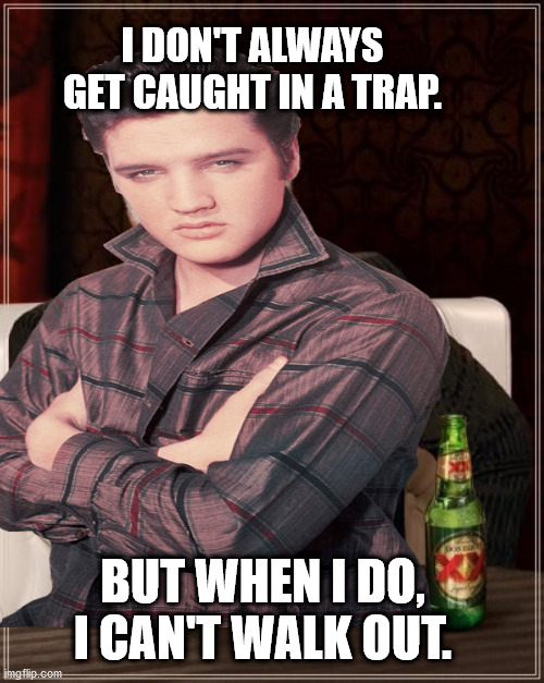 I DON'T ALWAYS GET CAUGHT IN A TRAP. BUT WHEN I DO, I CAN'T WALK OUT. | image tagged in elvis,the most interesting man in the world,i don't always | made w/ Imgflip meme maker