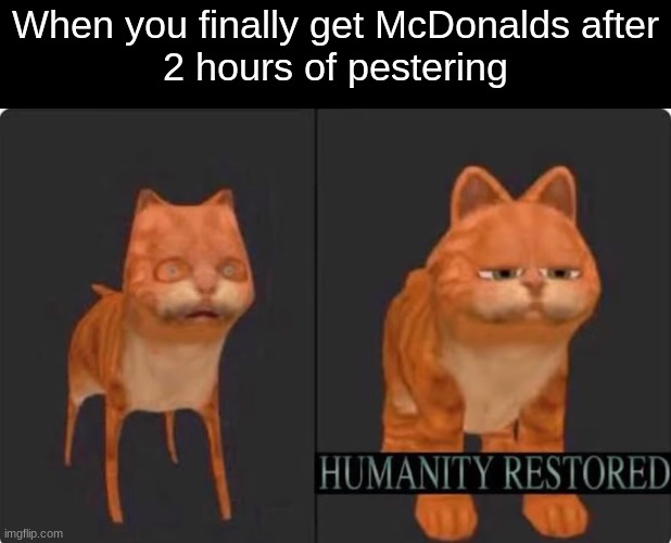 humanity restored | When you finally get McDonalds after
2 hours of pestering | image tagged in humanity restored,msmg,memes | made w/ Imgflip meme maker