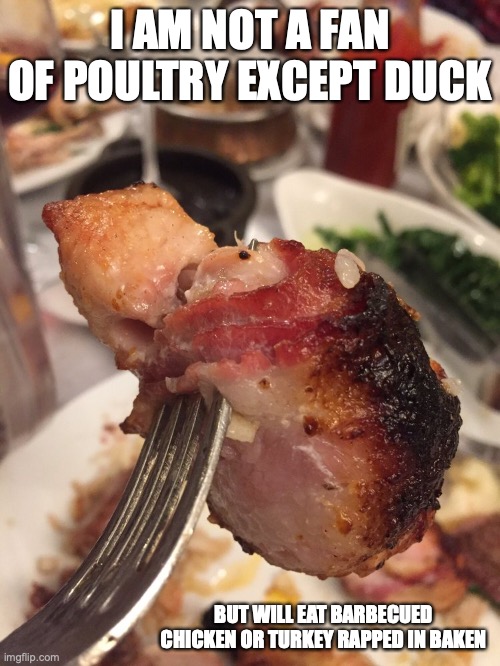 Bacon-Wrapped Turkey | I AM NOT A FAN OF POULTRY EXCEPT DUCK; BUT WILL EAT BARBECUED CHICKEN OR TURKEY RAPPED IN BAKEN | image tagged in turkey,bacon,barbecue,memes | made w/ Imgflip meme maker