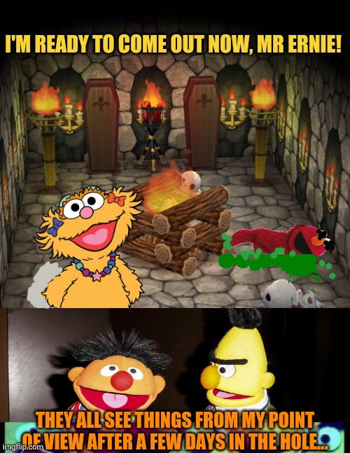 Ernie's basement | I'M READY TO COME OUT NOW, MR ERNIE! THEY ALL SEE THINGS FROM MY POINT OF VIEW AFTER A FEW DAYS IN THE HOLE... | image tagged in bert and ernie,basement,missing,muppets,sesame street | made w/ Imgflip meme maker