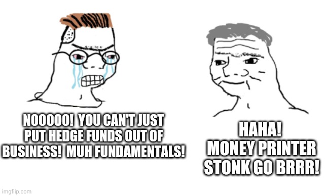 haha brrrrrrr | HAHA!  MONEY PRINTER STONK GO BRRR! NOOOOO!  YOU CAN'T JUST PUT HEDGE FUNDS OUT OF BUSINESS!  MUH FUNDAMENTALS! | image tagged in haha brrrrrrr | made w/ Imgflip meme maker