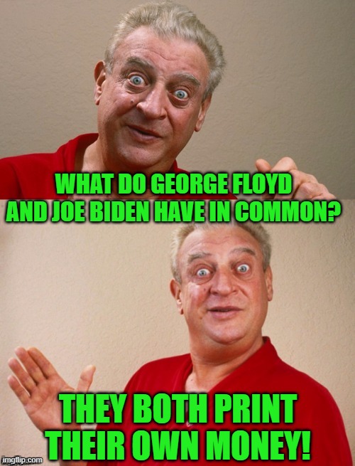 Thanks to a74814 for the inspiration! | WHAT DO GEORGE FLOYD AND JOE BIDEN HAVE IN COMMON? THEY BOTH PRINT THEIR OWN MONEY! | image tagged in classic rodney,george floyd,joe biden | made w/ Imgflip meme maker