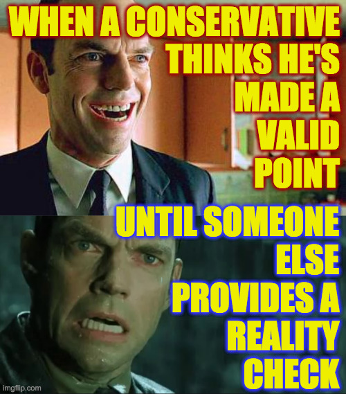 Believe it or not, I see this a lot. | WHEN A CONSERVATIVE
THINKS HE'S
MADE A
VALID
POINT; UNTIL SOMEONE
ELSE
PROVIDES A
REALITY
CHECK | image tagged in agent smith laugh,memes,conservatives,so emotional,reality check | made w/ Imgflip meme maker