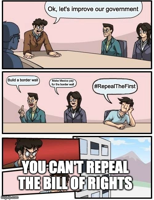 Boardroom Meeting Suggestion Meme | Ok, let's improve our government Build a border wall Make Mexico pay for the border wall #RepealTheFirst YOU CAN'T REPEAL THE BILL OF RIGHTS | image tagged in memes,boardroom meeting suggestion | made w/ Imgflip meme maker
