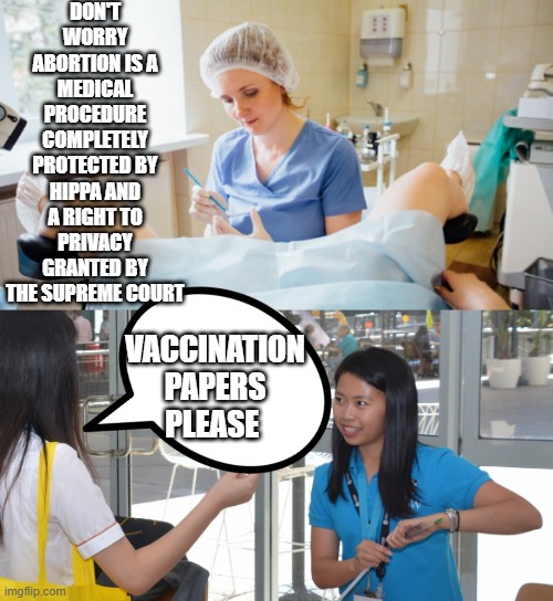 Warning to liberals "Vaccine Passports" nullifies  Roe vs Wade | DON'T WORRY ABORTION IS A MEDICAL PROCEDURE COMPLETELY PROTECTED BY HIPPA AND A RIGHT TO PRIVACY GRANTED BY THE SUPREME COURT; VACCINATION PAPERS PLEASE | image tagged in vaccine passports | made w/ Imgflip meme maker