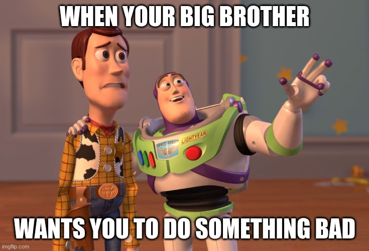 X, X Everywhere Meme | WHEN YOUR BIG BROTHER; WANTS YOU TO DO SOMETHING BAD | image tagged in memes,x x everywhere | made w/ Imgflip meme maker
