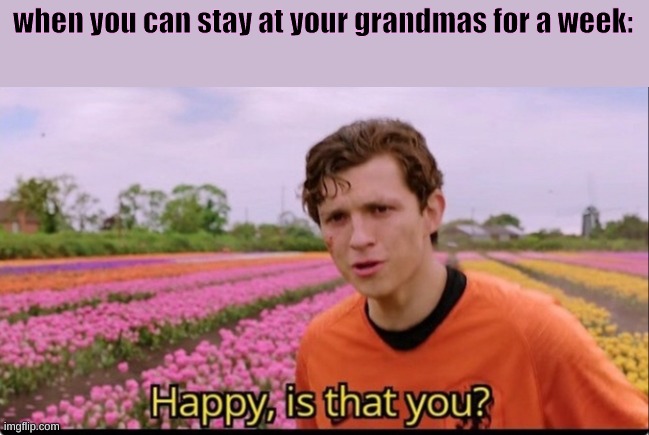 im dead inside | when you can stay at your grandmas for a week: | image tagged in happy is that you,kill me,just do it,dead inside,please | made w/ Imgflip meme maker