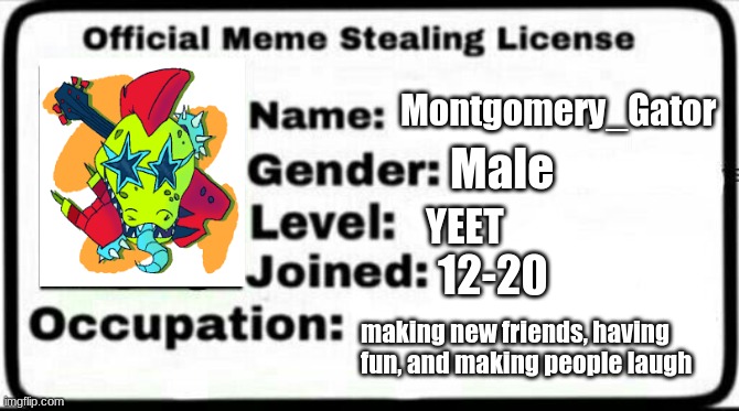 Meme Stealing License | Montgomery_Gator; Male; YEET; 12-20; making new friends, having fun, and making people laugh | image tagged in meme stealing license | made w/ Imgflip meme maker