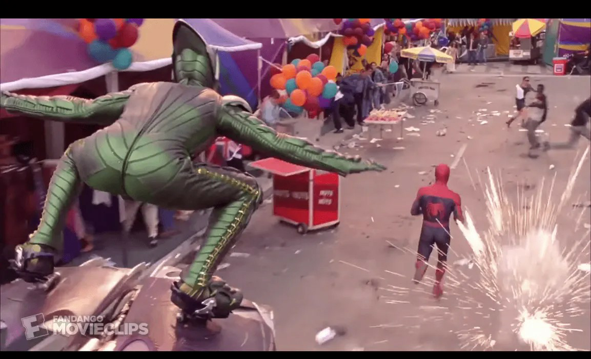 Spiderman chased by Green Goblin back view Blank Meme Template