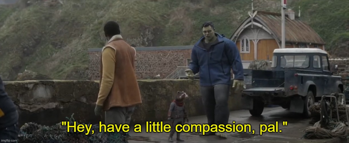 https://imgflip.com/memetemplate/309403984/Hey-have-a-little-compassion-pal | image tagged in hey have a little compassion pal | made w/ Imgflip meme maker