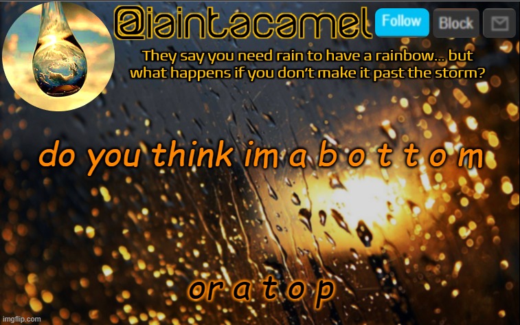 I love how the work bottom is on top of the word top lmaoo | do you think im a b o t t o m; or a t o p | image tagged in iaintacamel | made w/ Imgflip meme maker