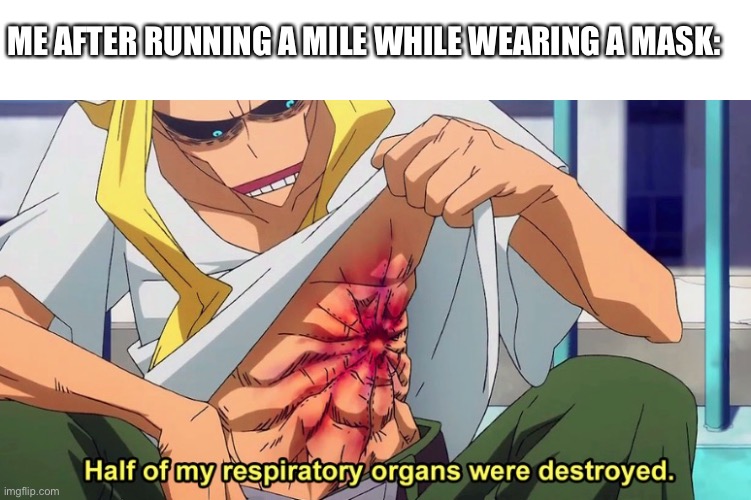 (Insert good title) |  ME AFTER RUNNING A MILE WHILE WEARING A MASK: | image tagged in half of my respiratory organs were destroyed | made w/ Imgflip meme maker