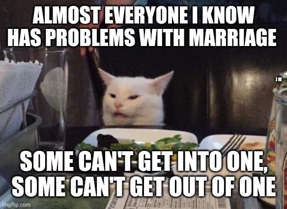 Salad cat | ALMOST EVERYONE I KNOW HAS PROBLEMS WITH MARRIAGE; J M; SOME CAN'T GET INTO ONE, SOME CAN'T GET OUT OF ONE | image tagged in salad cat | made w/ Imgflip meme maker