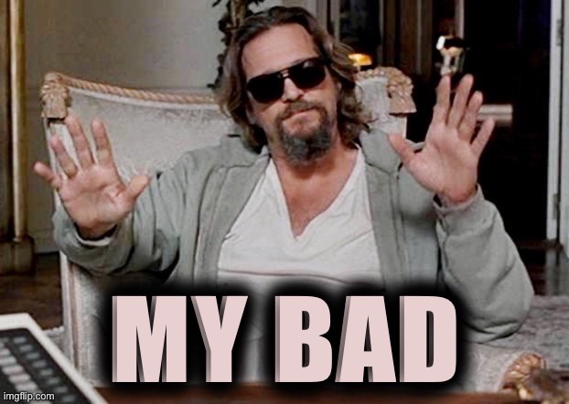 The dude from Big Lebowski my bad | image tagged in the dude from big lebowski my bad,big lebowski,the big lebowski,reactions,apology,movie | made w/ Imgflip meme maker