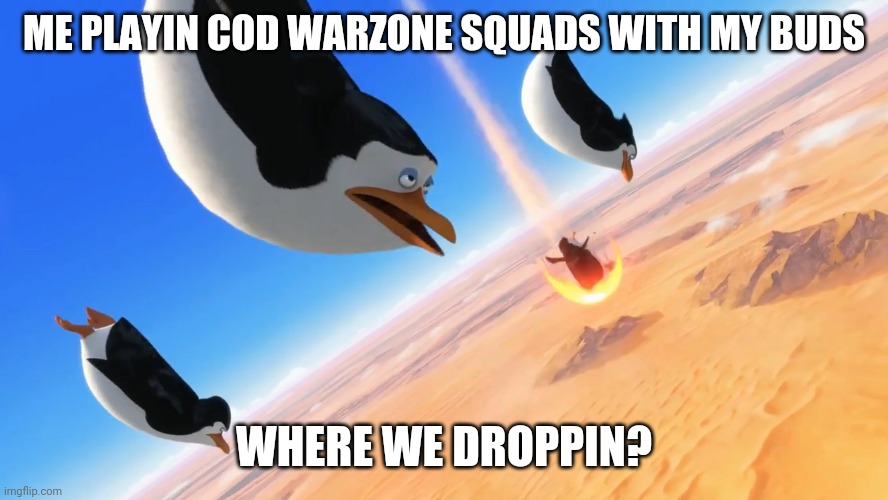 That one guy who only drops storage town | ME PLAYIN COD WARZONE SQUADS WITH MY BUDS; WHERE WE DROPPIN? | image tagged in penguins of madagascar | made w/ Imgflip meme maker