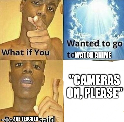 CaMeRa'S oN pLeAsE | WATCH ANIME; "CAMERAS ON, PLEASE"; THE TEACHER | image tagged in what if you wanted to go to heaven | made w/ Imgflip meme maker