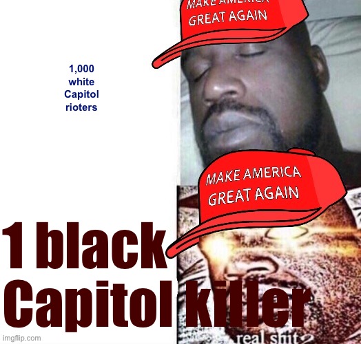 MAGA Shaq I sleep real shit | 1,000 white Capitol rioters; 1 black Capitol killer | image tagged in maga shaq i sleep real shit | made w/ Imgflip meme maker