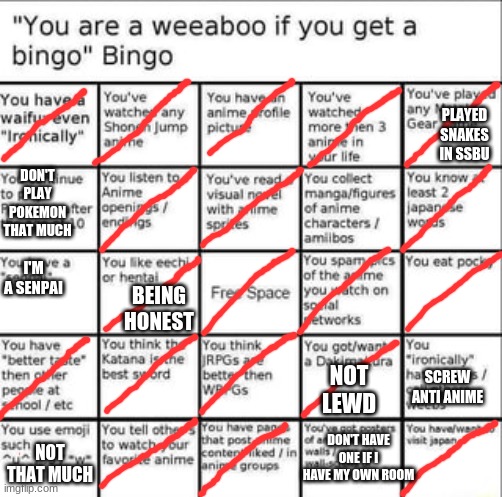 My Weeb bingo | DON'T PLAY POKEMON THAT MUCH PLAYED SNAKES IN SSBU I'M A SENPAI BEING HONEST NOT LEWD SCREW ANTI ANIME DON'T HAVE ONE IF I HAVE MY OWN ROOM  | image tagged in weeb bingo | made w/ Imgflip meme maker