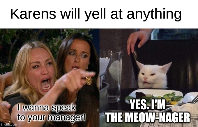 Karens and Dad Jokes | Karens will yell at anything; YES. I'M THE MEOW-NAGER; I wanna speak to your manager! | image tagged in memes,woman yelling at cat | made w/ Imgflip meme maker