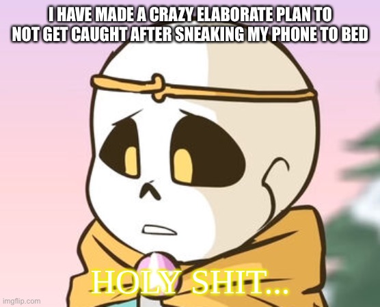 I hope it works | I HAVE MADE A CRAZY ELABORATE PLAN TO NOT GET CAUGHT AFTER SNEAKING MY PHONE TO BED | image tagged in dream sans holy shit | made w/ Imgflip meme maker