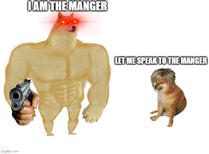 Manger goes sicko mode | I AM THE MANGER; LET ME SPEAK TO THE MANGER | image tagged in big dog small dog | made w/ Imgflip meme maker