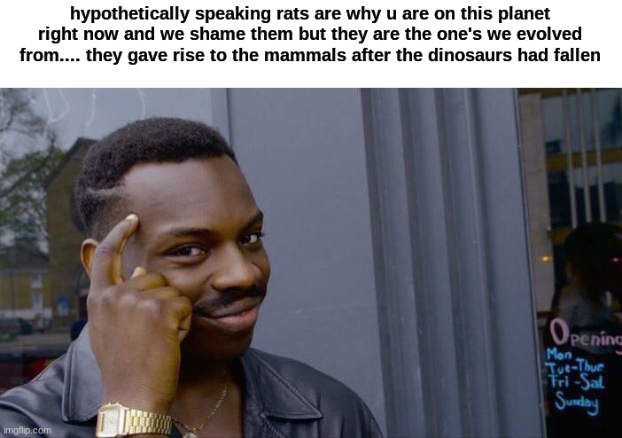 Thank the rodents. they are some of your first great grandparents :) | hypothetically speaking rats are why u are on this planet right now and we shame them but they are the one's we evolved from.... they gave rise to the mammals after the dinosaurs had fallen | image tagged in memes,roll safe think about it | made w/ Imgflip meme maker