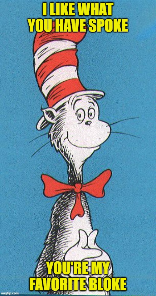 cat in the hat | I LIKE WHAT YOU HAVE SPOKE YOU'RE MY FAVORITE BLOKE | image tagged in cat in the hat | made w/ Imgflip meme maker