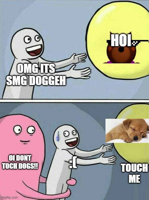 alrergic to dogs | HOI; OMG ITS SMG DOGGEH; OI DONT TOCH DOGS!! :(; TOUCH ME | image tagged in memes,running away balloon | made w/ Imgflip meme maker