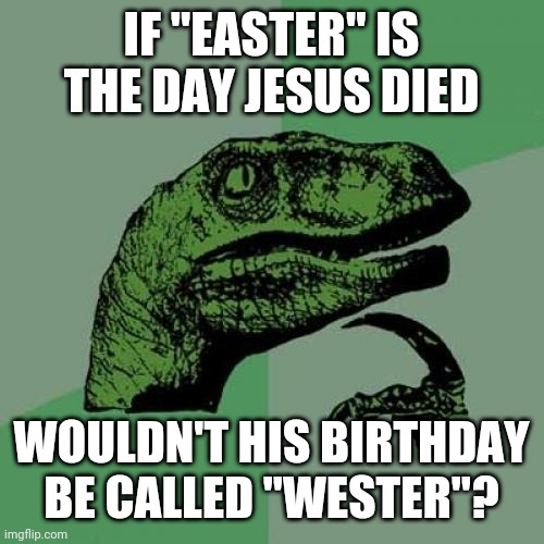 Easter joke | IF "EASTER" IS THE DAY JESUS DIED; WOULDN'T HIS BIRTHDAY BE CALLED "WESTER"? | image tagged in philosoraptor,funny,jesus,easter,happy easter,puns | made w/ Imgflip meme maker