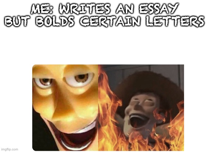 Satanic Woody | ME: WRITES AN ESSAY BUT BOLDS CERTAIN LETTERS | image tagged in satanic woody | made w/ Imgflip meme maker