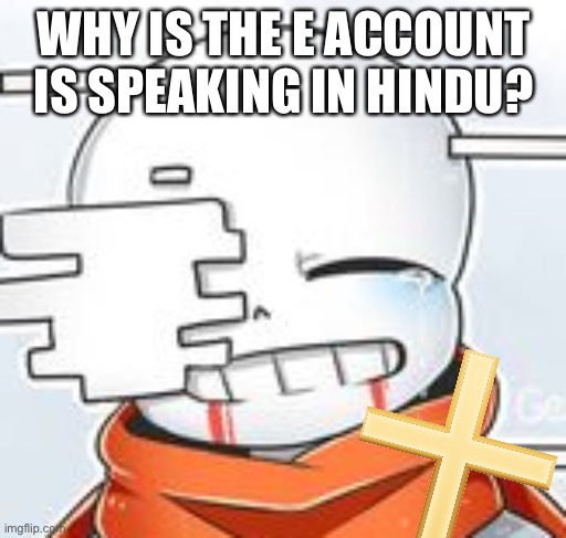 Wha- | WHY IS THE E ACCOUNT IS SPEAKING IN HINDU? | image tagged in after sans with cross | made w/ Imgflip meme maker