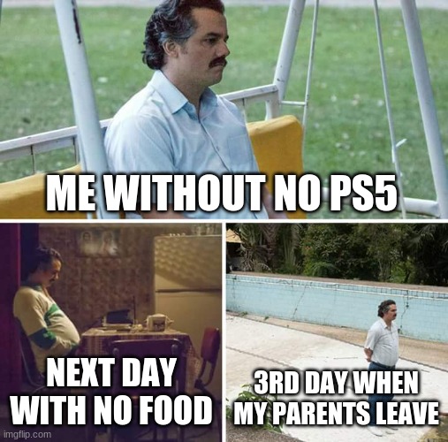 Sad Pablo Escobar Meme | ME WITHOUT NO PS5; NEXT DAY WITH NO FOOD; 3RD DAY WHEN MY PARENTS LEAVE | image tagged in memes,sad pablo escobar | made w/ Imgflip meme maker