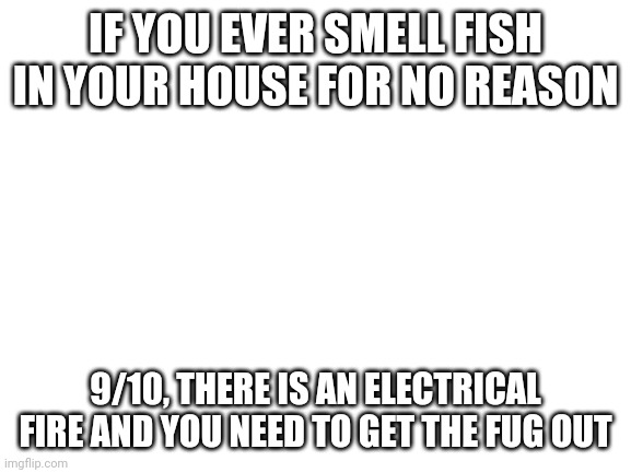 Facts that could save your life one day | IF YOU EVER SMELL FISH IN YOUR HOUSE FOR NO REASON; 9/10, THERE IS AN ELECTRICAL FIRE AND YOU NEED TO GET THE FUG OUT | image tagged in blank white template | made w/ Imgflip meme maker