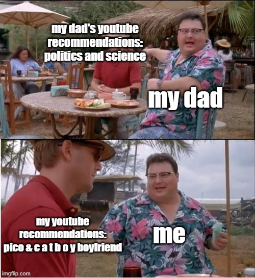 yes thats right!! catboy boyfriend! xD | my dad's youtube recommendations: politics and science; my dad; my youtube recommendations:
pico & c a t b o y boyfriend; me | image tagged in cat,boy,boyfriend | made w/ Imgflip meme maker