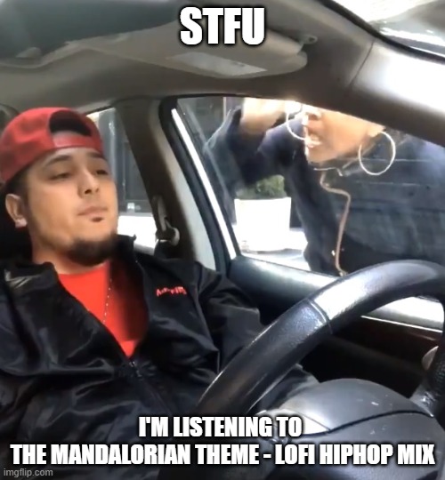stfu im listening to | STFU; I'M LISTENING TO 
THE MANDALORIAN THEME - LOFI HIPHOP MIX | image tagged in stfu im listening to | made w/ Imgflip meme maker