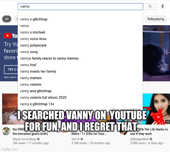 BRUH | I SEARCHED VANNY ON  YOUTUBE FOR FUN, AND I REGRET THAT. | image tagged in fnaf | made w/ Imgflip meme maker