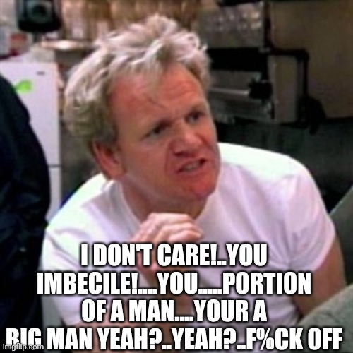 Gordon Greats | I DON'T CARE!..YOU IMBECILE!....YOU.....PORTION OF A MAN....YOUR A BIG MAN YEAH?..YEAH?..F%CK OFF | image tagged in kitchen nightmares,chef gordon ramsay,angry chef gordon ramsay,gordon ramsay | made w/ Imgflip meme maker