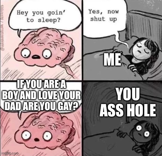WHYYYYYY | ME; IF YOU ARE A BOY AND LOVE YOUR DAD ARE YOU GAY? YOU ASS HOLE | image tagged in hey you goin to sleep | made w/ Imgflip meme maker