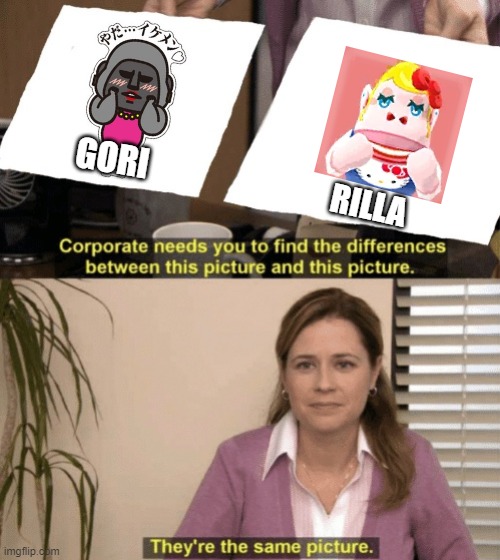 They Were In On The Puns This Whole Time! | GORI; RILLA | image tagged in corporate needs you to find the differences,aggretsuko,animal crossing,animal crossing meme,sanrio | made w/ Imgflip meme maker