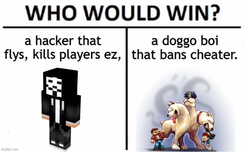 Hypixel hackers getting  banned be like | a hacker that flys, kills players ez, a doggo boi that bans cheater. | image tagged in memes,who would win,gaming,minecraft | made w/ Imgflip meme maker